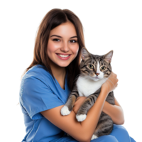 A Smiling Female Doctor Holding Tabby Cat Isolated at the Transparent Background png