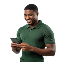 Smiling Man Using Phone Texting with Happy Expression Isolated on Transparent Background png