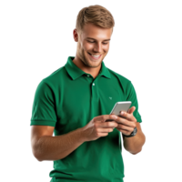 Smiling Man Texting on the Phone with Happy Expression Isolated on the Transparent Background png