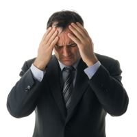 Sad Stressed Businessman Holding Head with Two Hands, looking Dizzy and Tired Isolated at the Transparent Background png