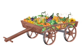 Autumn garden with a cart with a bunch of harvest pumpkins, cabbage, eggplant, corn, squash. Healthy seasonal vegetables. Farm fields, garden. Autumn festival, Halloween. Isolated illustration png