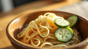 Delicious Spaghetti with Cucumber in a Rustic Wooden Bowl photo