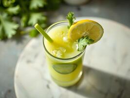 Refreshing Lemonade with Ice and Lemon Slice,top view photo