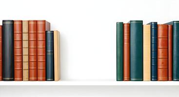 Collection of different books on white shelf, space for text photo