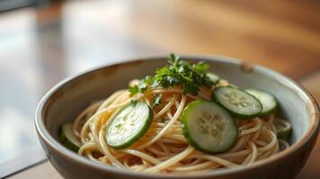Spaghetti with Cucumber and Parsley in a Bowl photo