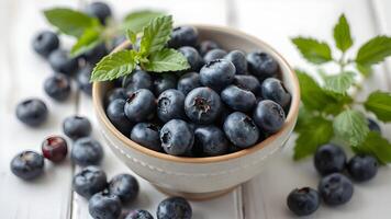 Close-up of a bowl filled with fresh, ripe blueberries and mint leaves. photo