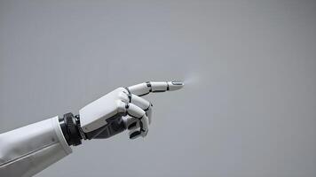Artificial intelligence. Robot hand pointing at something on grey background, space for text photo