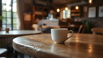 Coffee Cup on a Wooden Table in a Cafe photo