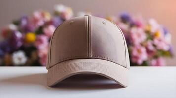 Front view of beige baseball cap mockup on white background, with space for your logo or design. Mock up for branding photo