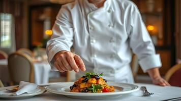 Professional chef serving dish at table indoors, closeup photo