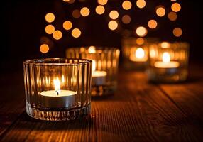 Burning candles in glass holders on table against blurred lights, space for text photo