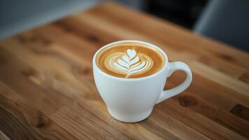 Closeup of a beautifully crafted latte with intricate foam art on a wooden table photo