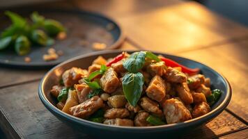 Chicken Stir fry with Fresh Basil in a Bowl photo