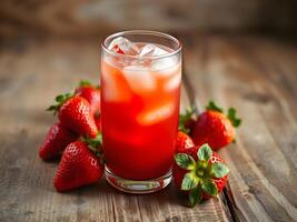 Refreshing Strawberry Juice with Ice on a Wooden Table photo