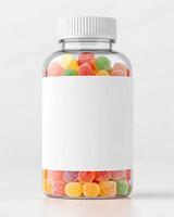 A glass jar with colorful gummy bears photo