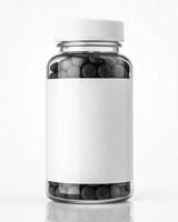 A bottle of pills with a white label on it photo