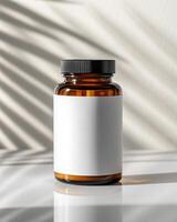 A bottle of medicine is sitting on a table photo