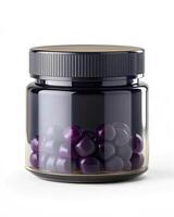 A jar filled with purple pills on a white background photo