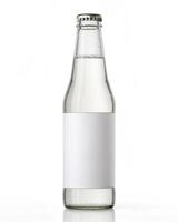 A bottle of soda water with a white label photo