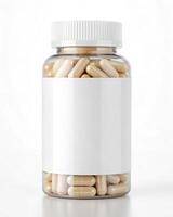 A bottle of pills with a white label photo