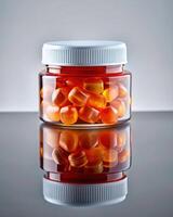 A jar filled with orange pills on a reflective surface photo