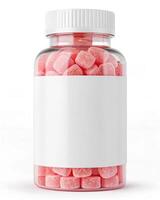 A bottle of pink gummy bears with a white label photo
