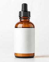 A bottle of medicine with a white label on it photo