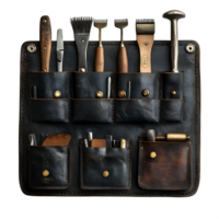 Vintage Leather Tool Roll with Antique Bookbinding and Craftsman Tools png