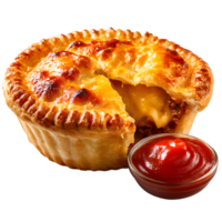 A pie with a slice missing and a sauce png