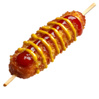 A hot dog on a stick with mustard and ketchup png