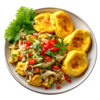 Delicious Scrambled Eggs with Chicken and Fluffy Pancakes a savory breakfast dish png