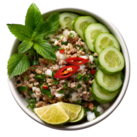 Delicious Thai Larb Salad Recipe featuring Ground Meat Cucumber Mint and Lime png