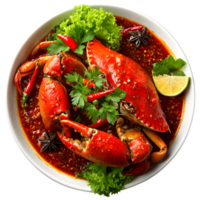 Spicy Chili Crab Dish in a Bowl Garnish with Lime and Herbs png