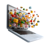 A laptop computer with many colorful objects coming out of it png
