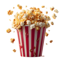 A bucket of popcorn with a red and white striped lid png