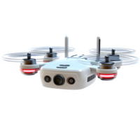 Modern white drone with camera hovering against a clean background showcasing its advanced technology and aerial capabilities. png