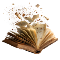 Ancient Book Exploding with Pages and Dust a Whimsical Literary Fantasy Scene png