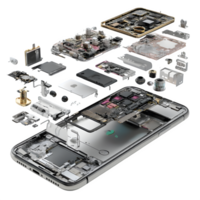 Exploded view of smartphone components reveals intricate circuitry, motherboard, battery, and internal parts showcasing technological innovation. png