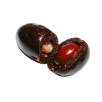 Closeup of a halved dark-red fruit showcasing its seed and vibrant interior against a white backdrop. png