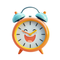 Cheerful cartoon alarm clock design features a smiling face timepiece perfect for kids rooms home decor and playful website backgrounds png