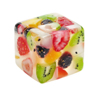 Delicious fruit jelly cube dessert with vibrant strawberries, kiwi, and other assorted fruits in a clear transparent jelly png