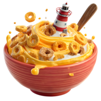 Delightful Cereal Bowl with Miniature Lighthouse a whimsical breakfast scene featuring delicious cereal swirls and a charming lighthouse png