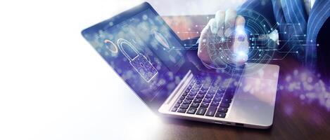 Concept of user entering login credentials, emphasizing cybersecurity and data protection for secure internet access. photo