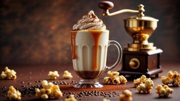Creamy coffee delight with caramel drizzle and popcorn topping photo
