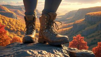 Hiker standing on rock overlooking autumn valley at sunset photo