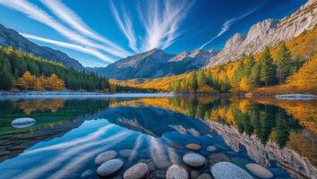 Autumn colors reflecting in calm lake surrounded by majestic mountains photo