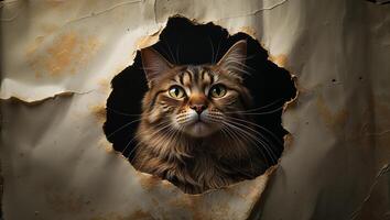Curious cat peeking through hole in torn paper background photo