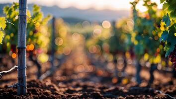 Bunches of grapes hanging from vines in a vineyard at sunset photo