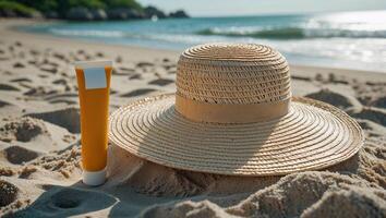 Sunscreen and straw hat resting on sandy beach shore with ocean waves in background photo