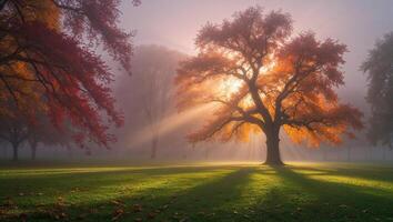 Sunbeams filtering through foggy autumn trees in a park photo